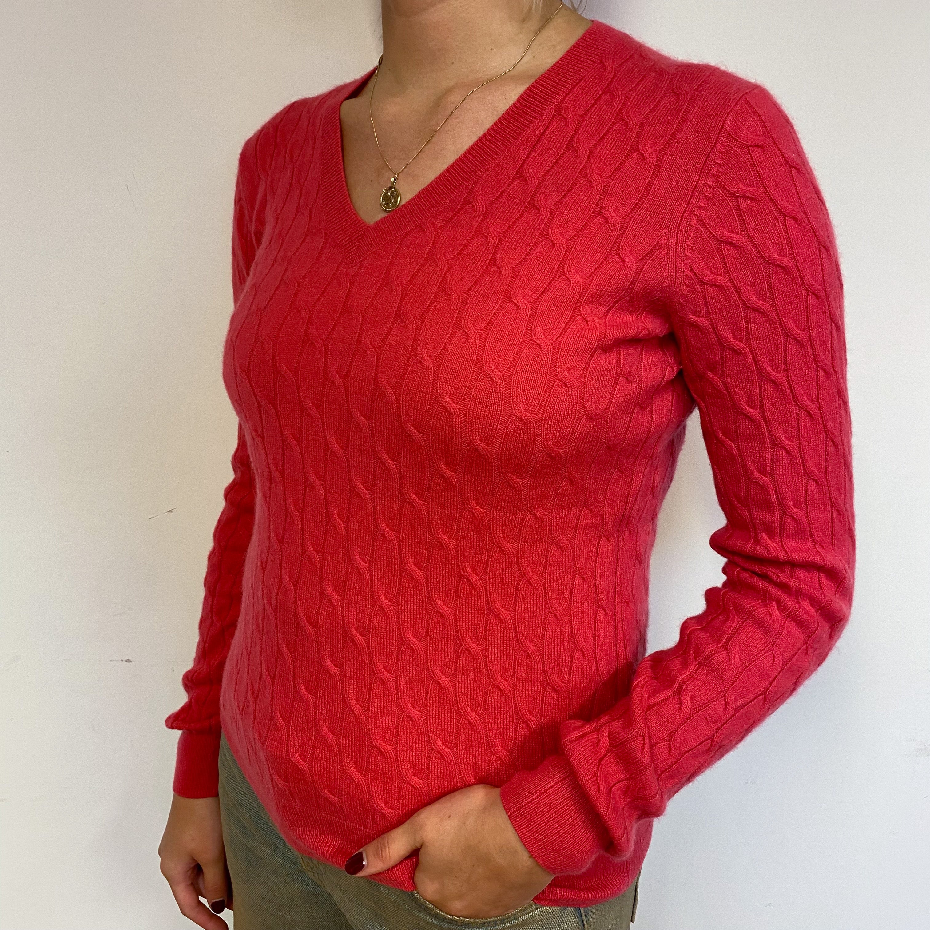 Strawberry Red Cable Cashmere V-Neck Jumper Small