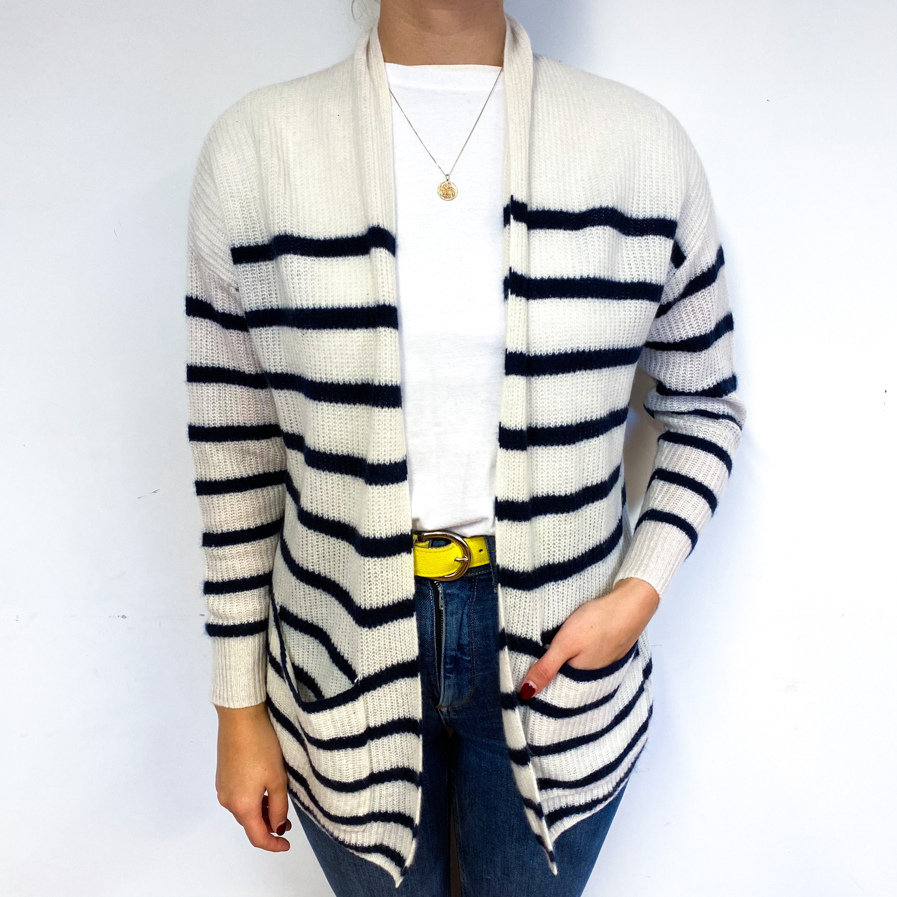 Cream Navy Striped Cashmere Edge to Edge Cardigan Small
