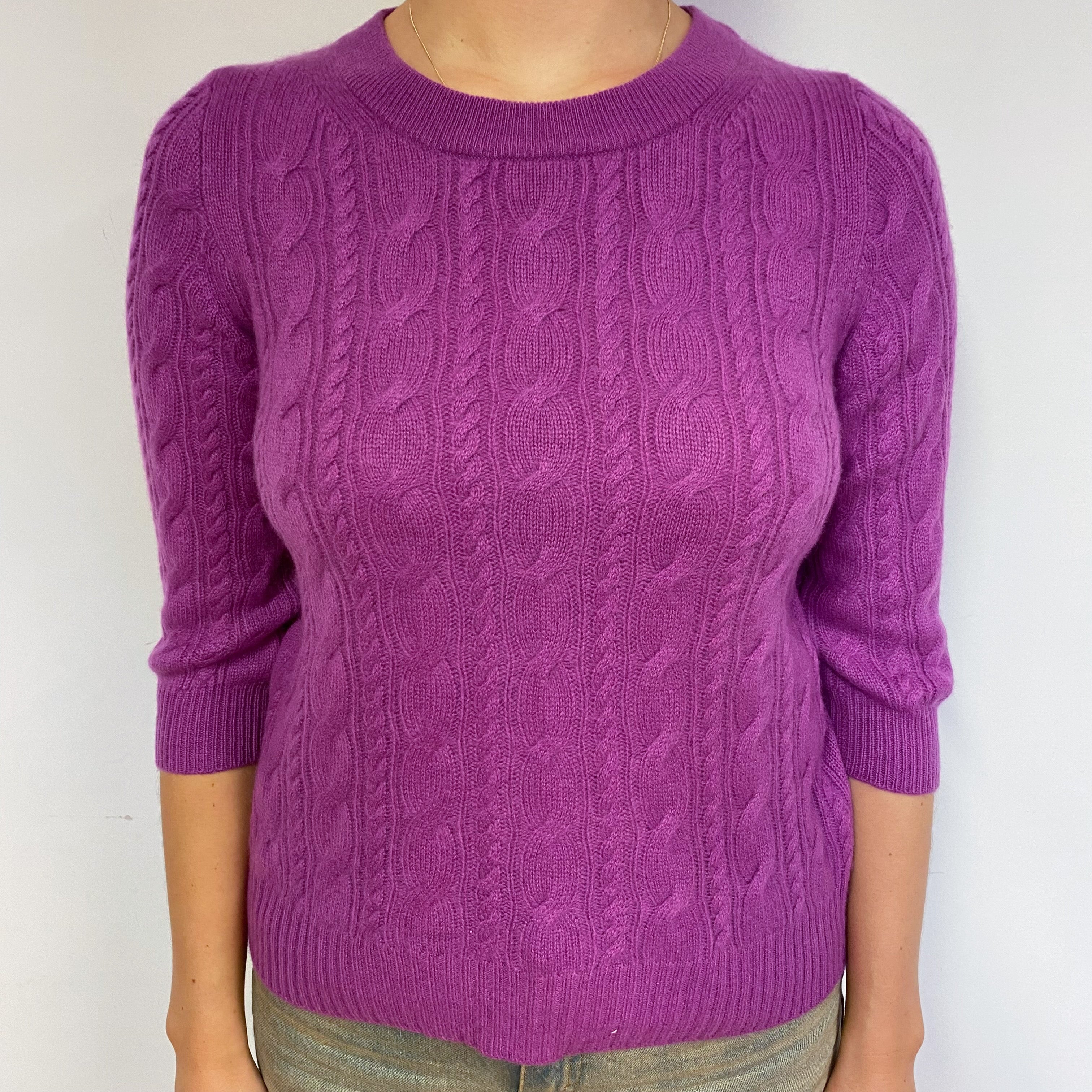 Magenta Pink Cashmere Cable Crew Neck Jumper Small