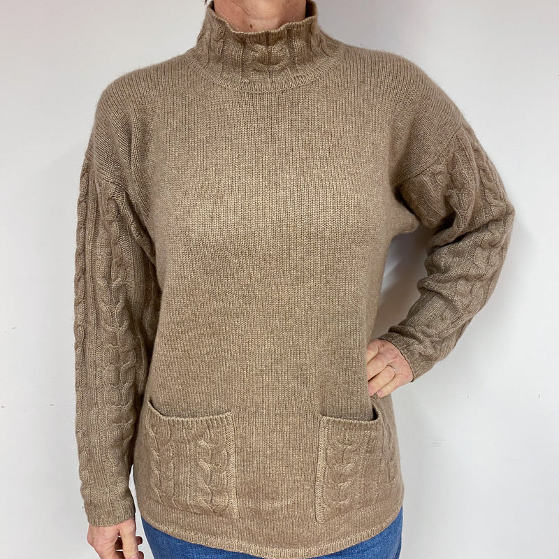 Chunky Taupe Brown Cashmere Turtle Neck Jumper Medium