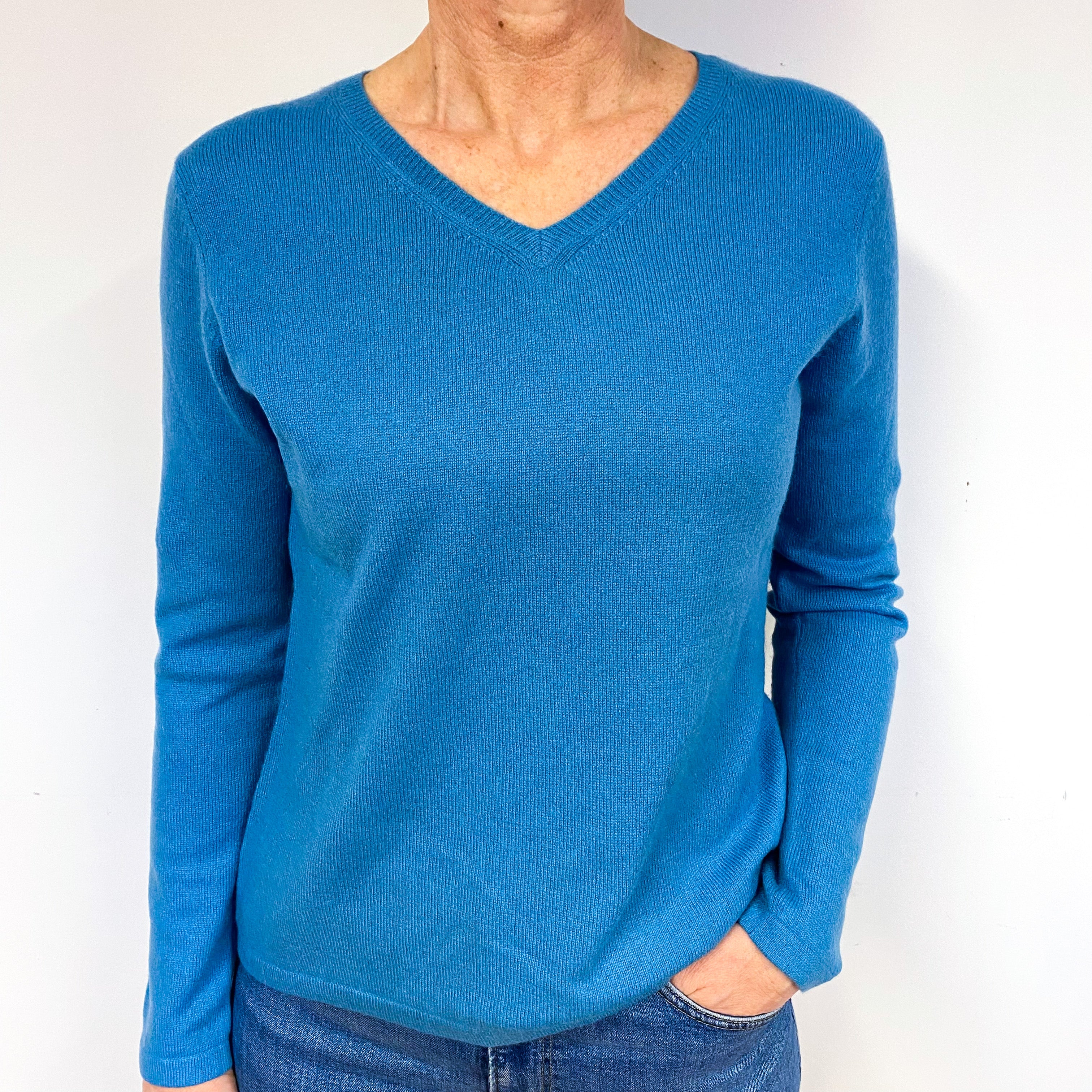 Ocean Blue Cashmere V-Neck Jumper Medium