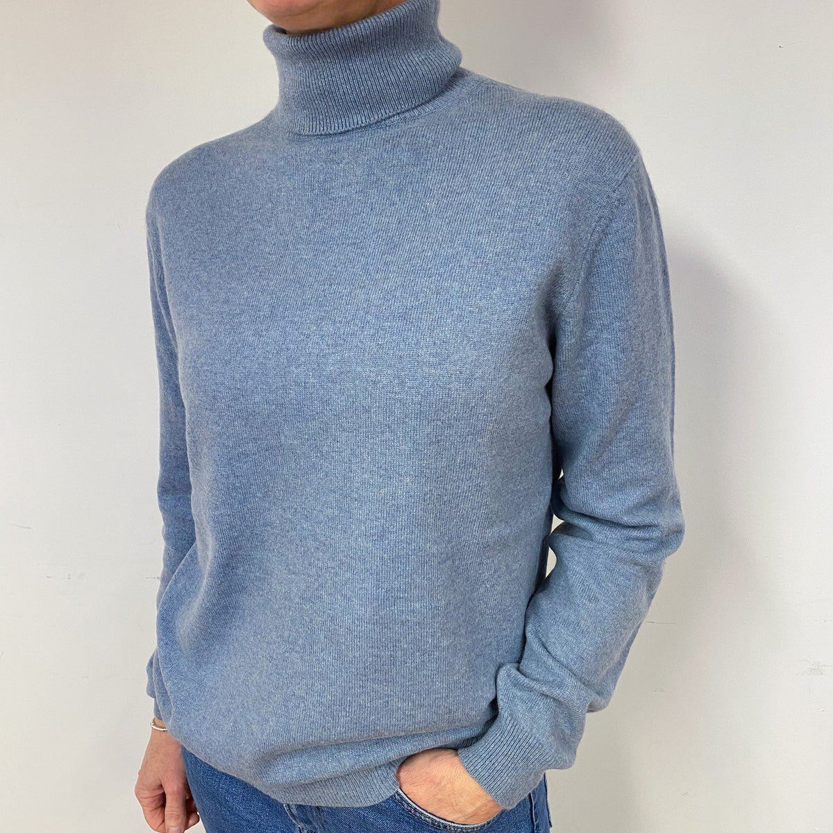 Pale Denim Blue Cashmere Polo Neck Jumper Medium