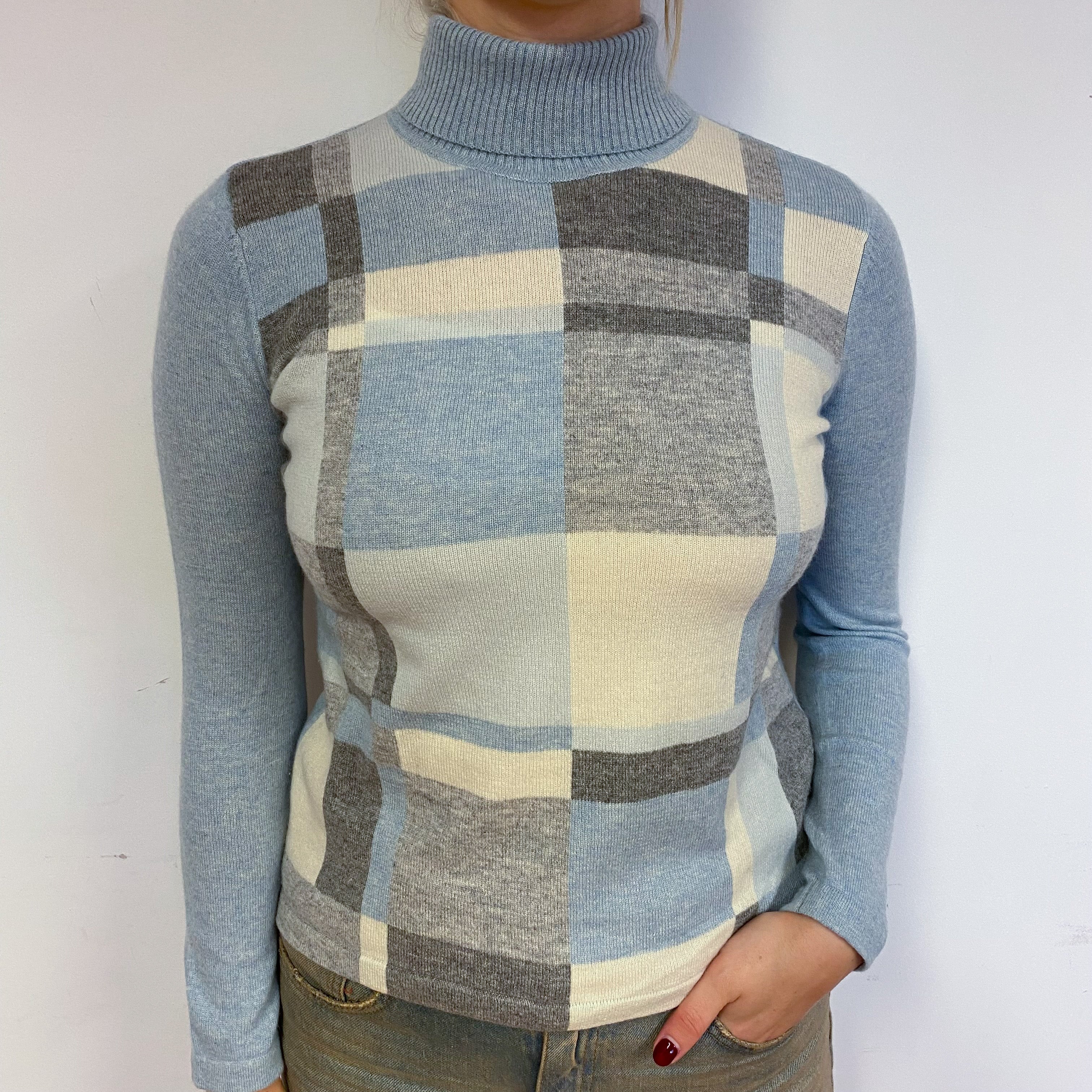 Pale Blue Checked Cashmere Polo Neck Jumper Small