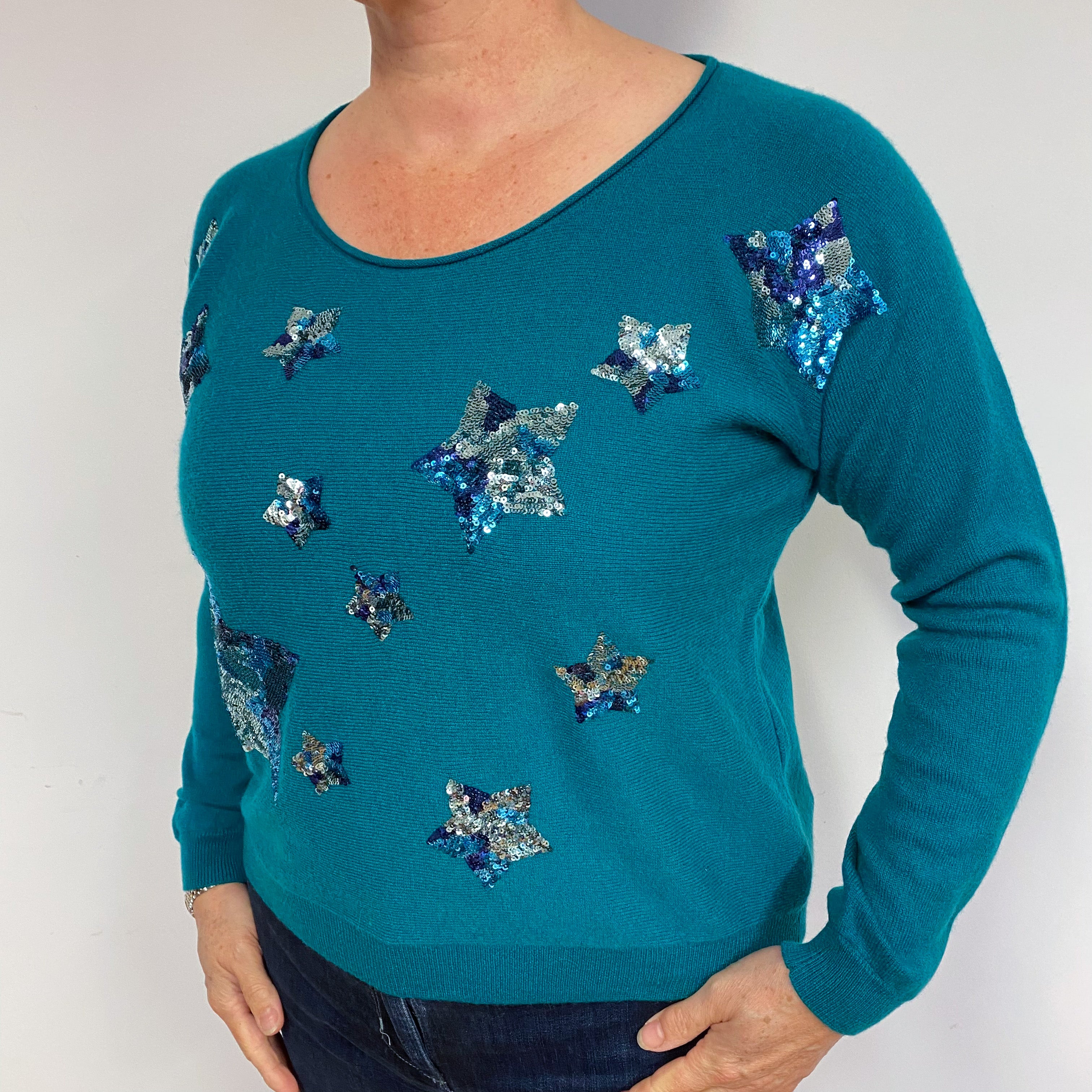 Teal Green Sequin Cashmere Crew Neck Jumper Large