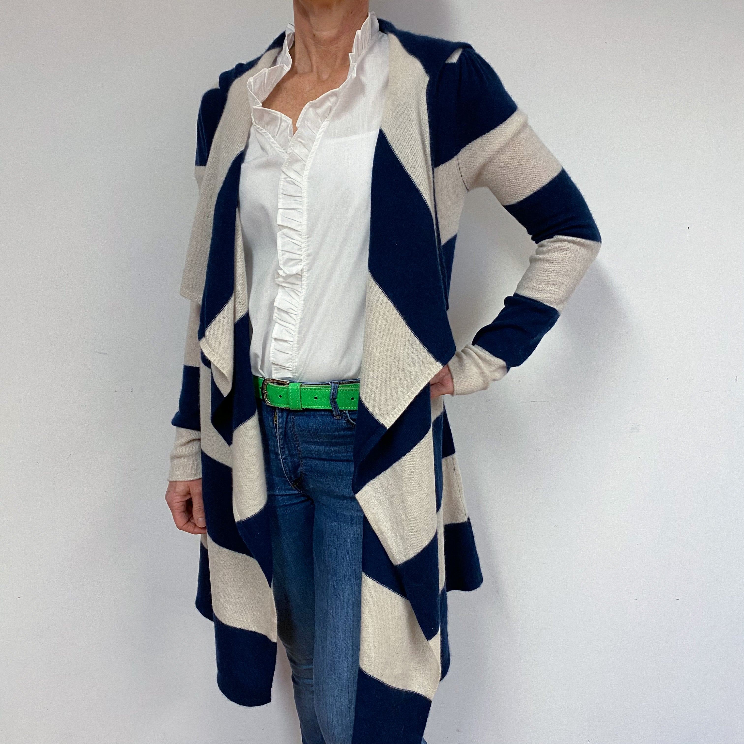 Striped, Hooded, and Long Fitting Cashmere Cardigan Medium