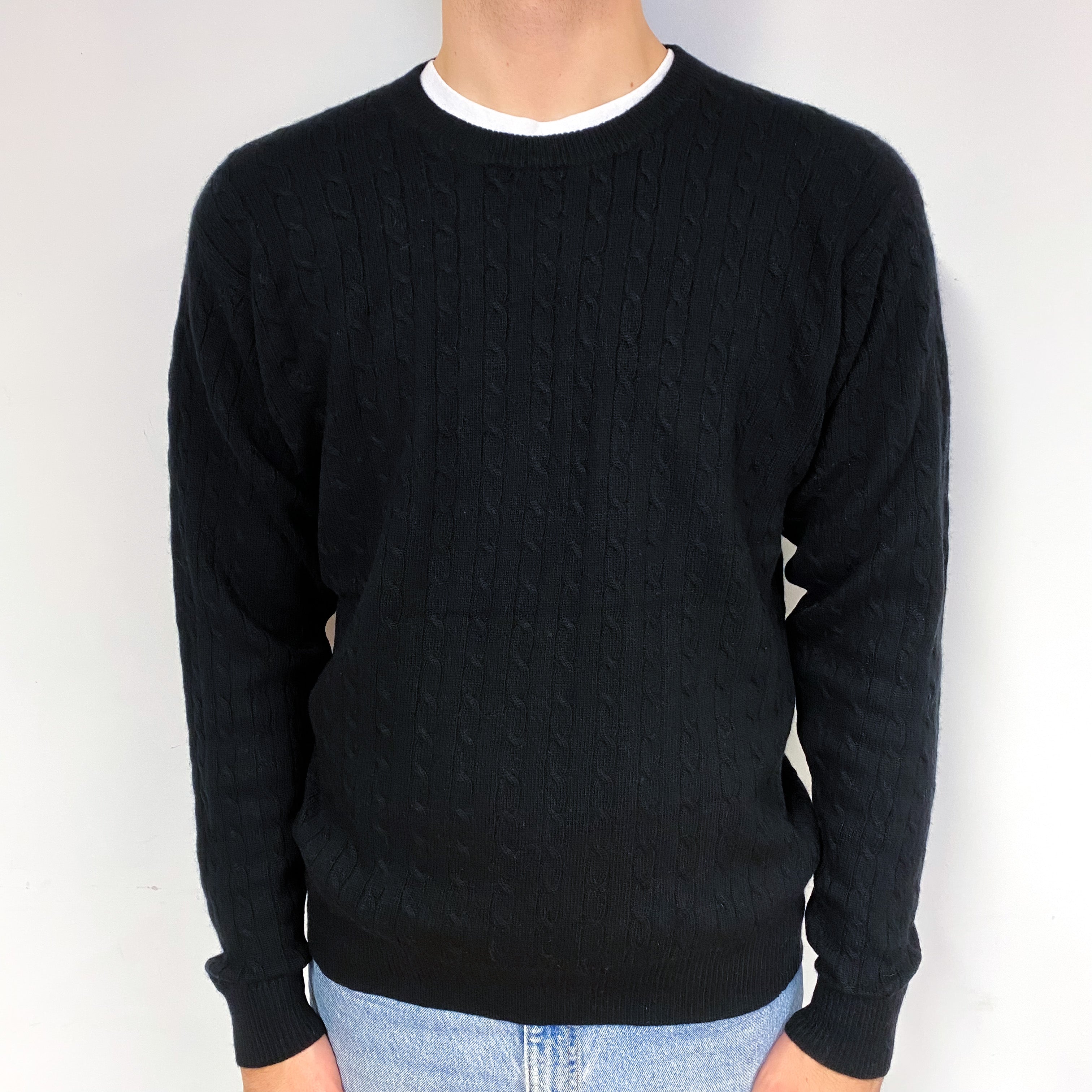 Men's Vintage Black Cable Cashmere Crew Neck Jumper Medium