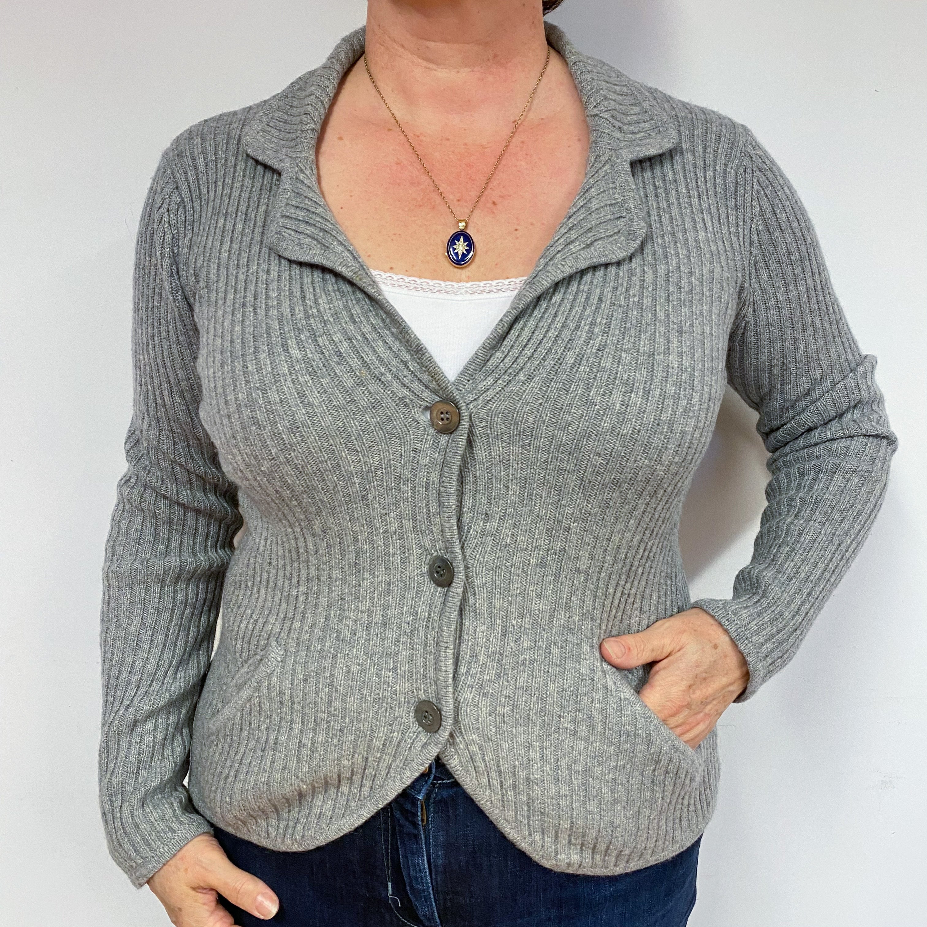 Pale Grey Cashmere Jacket Style Cardigan Large