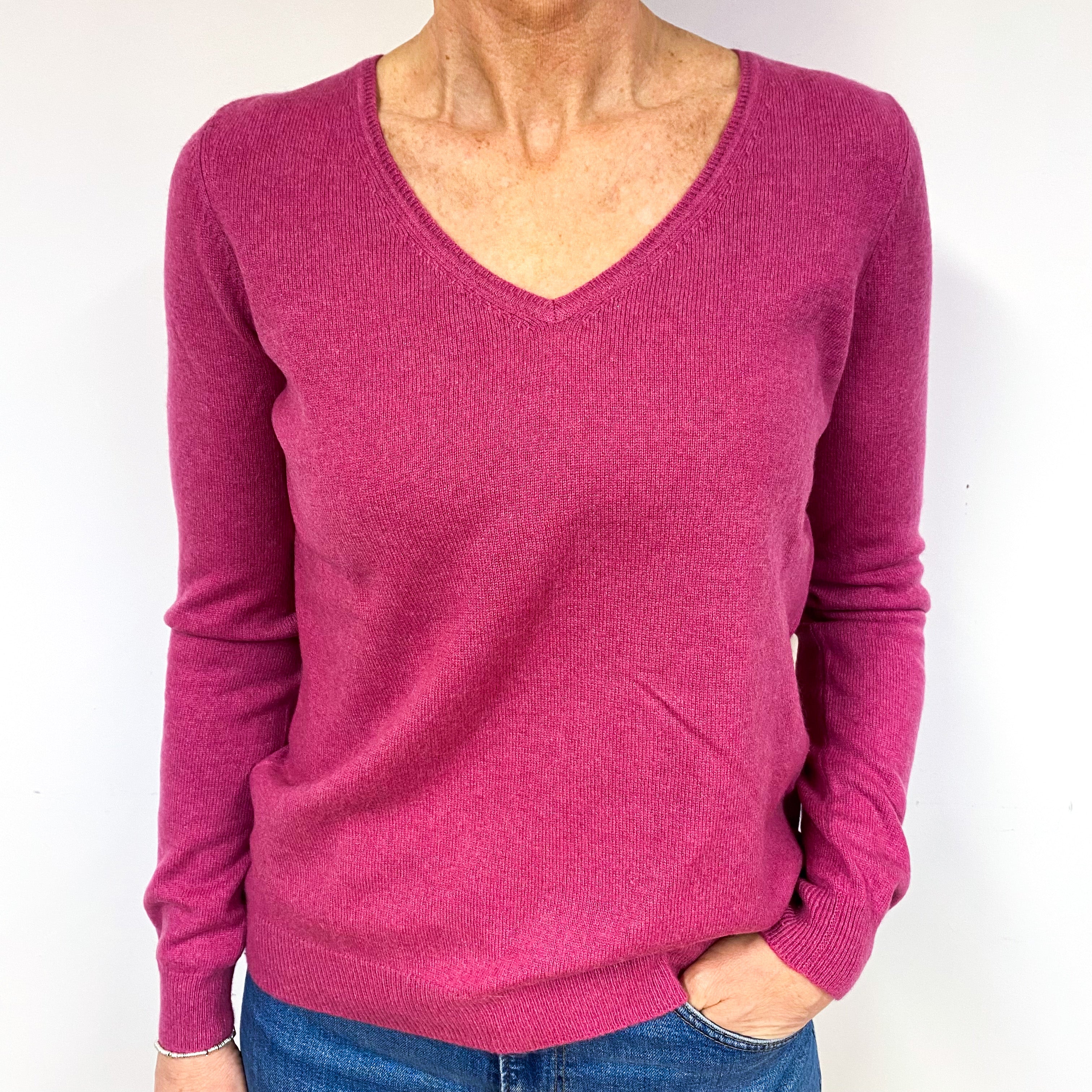 Raspberry Pink Cashmere V-Neck Jumper Medium