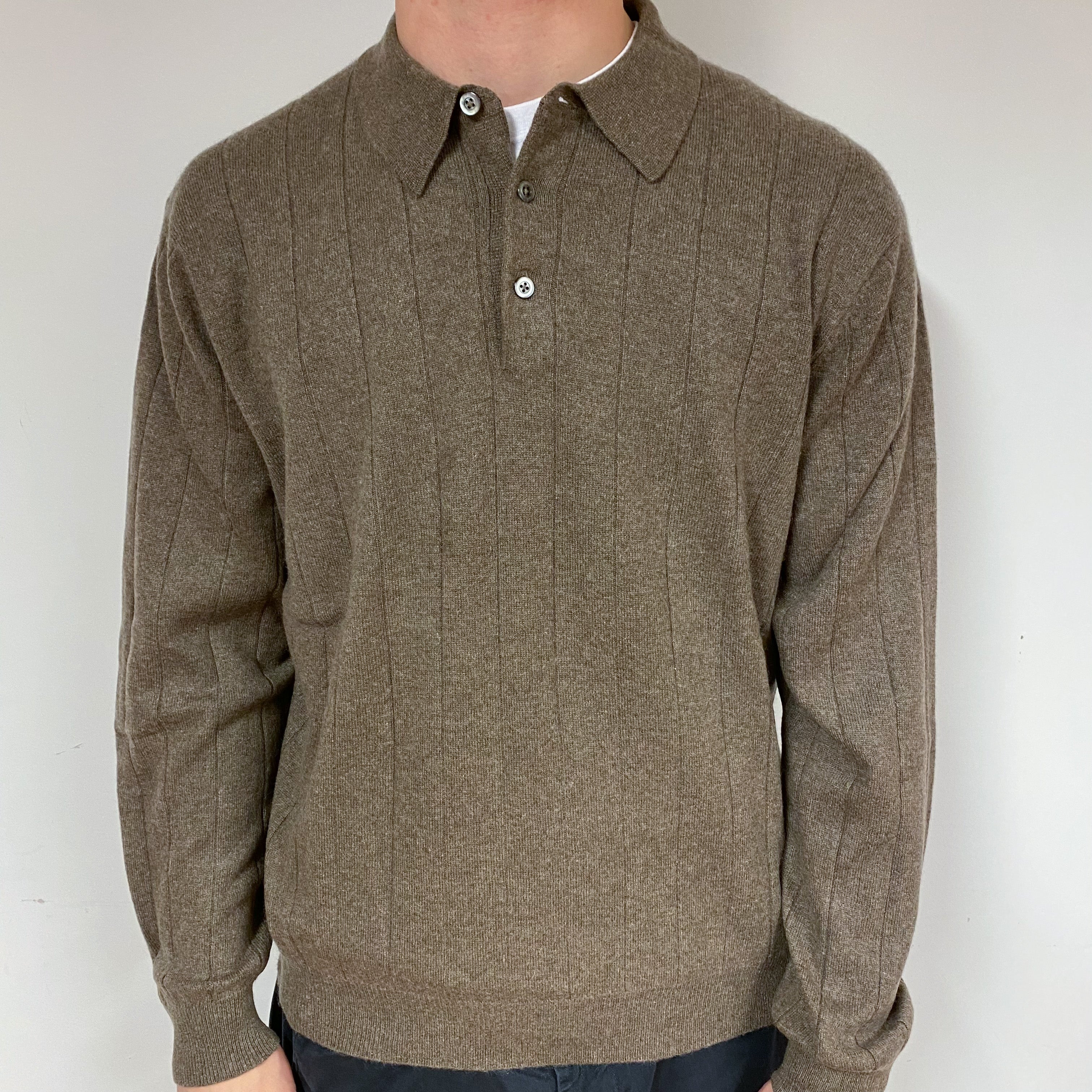 Men's Mid Brown Cashmere Collared Jumper Large